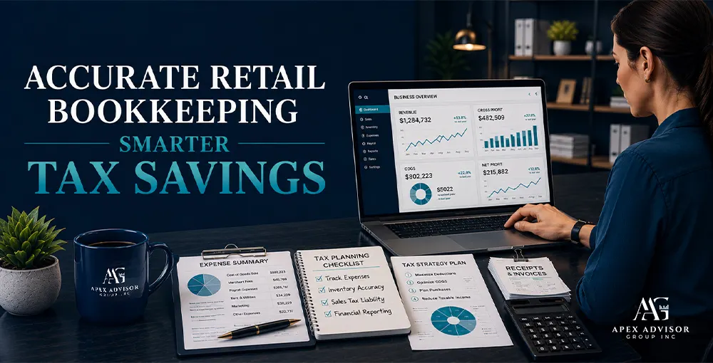 Accurate Retail Bookkeeping for Smarter Tax Savings Retail bookkeeping dashboard and tax planning tools helping businesses improve accuracy and maximize tax savings.