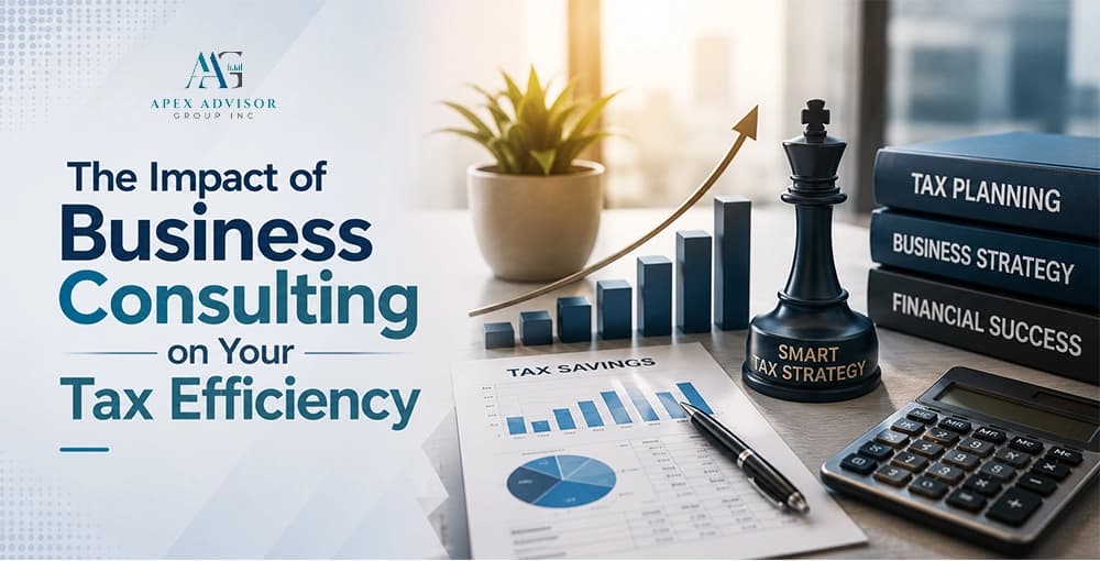 The Impact of Business Consulting on Your Tax Efficiency Business consulting graphic showing tax efficiency analysis, smart tax strategy, financial growth chart, calculator, and tax planning resources.
