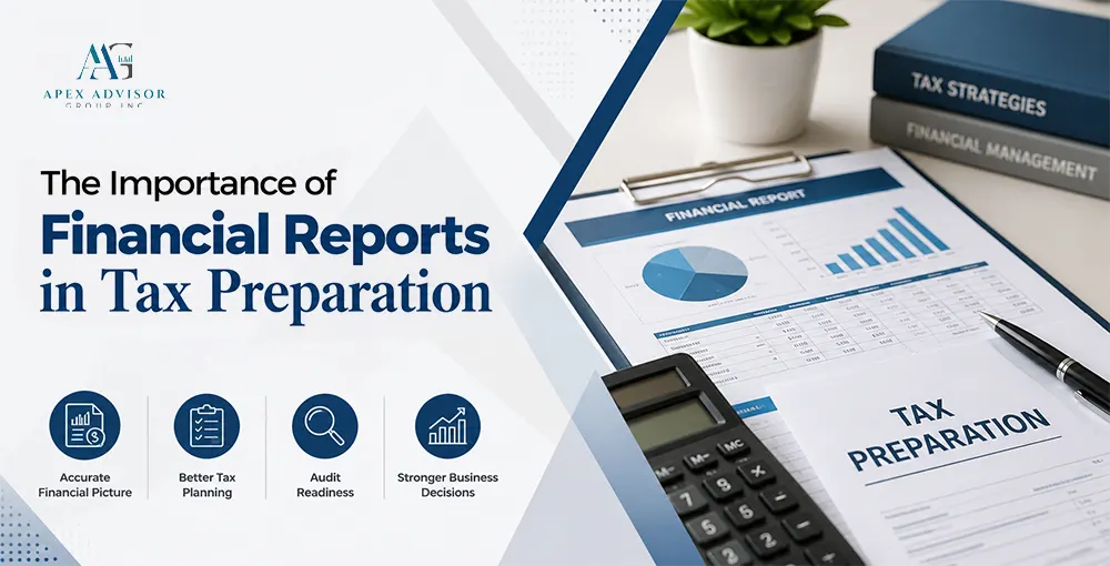 The Importance of Financial Reports in Tax Preparation Financial reports, tax preparation documents, and business analytics illustrating the importance of accurate financial reporting for tax planning.