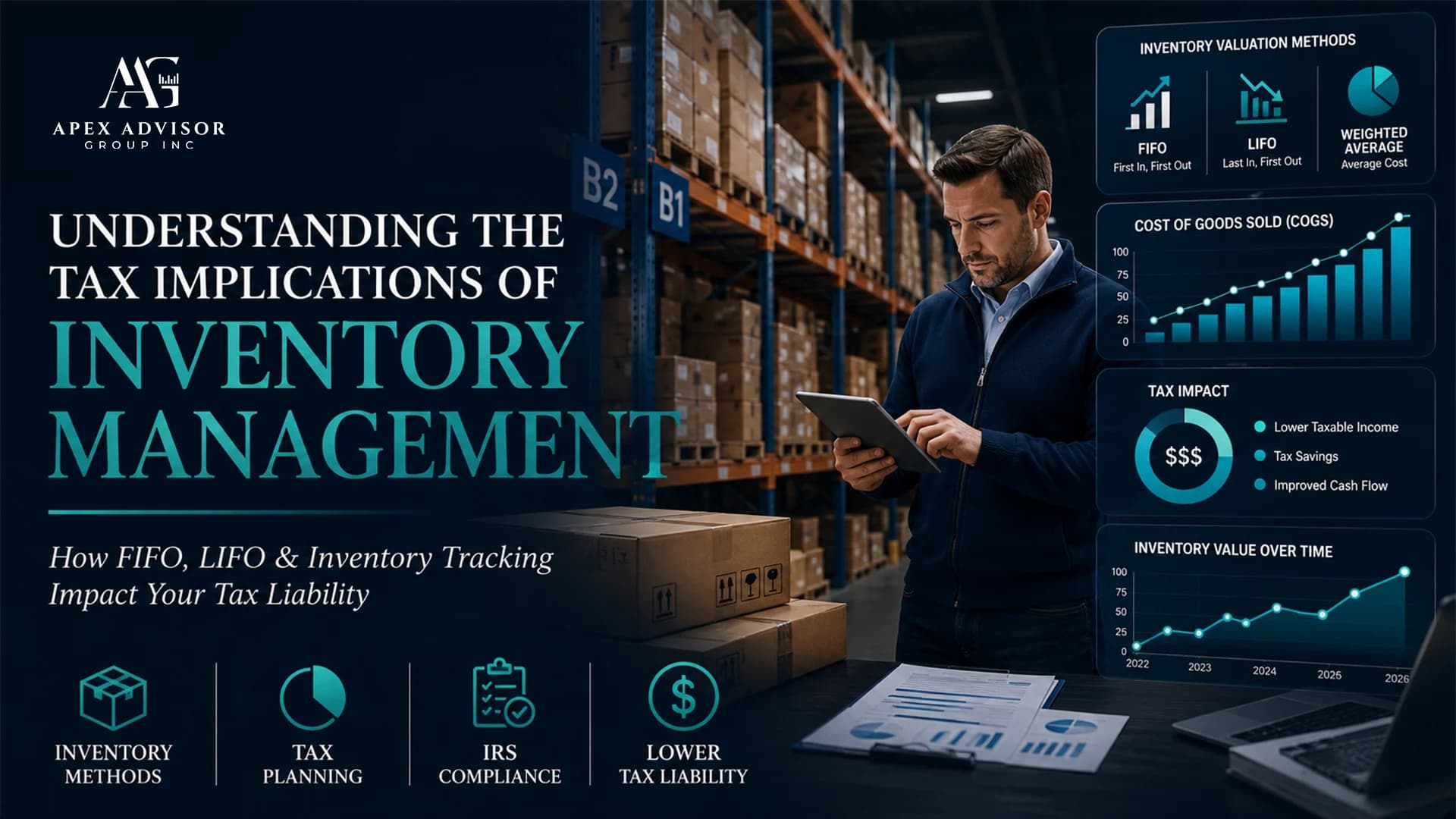 Warehouse manager reviewing inventory data showing FIFO, LIFO, COGS, and tax implications of inventory management strategies.