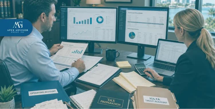 Law Firm Bookkeeping Software for Tax Preparation Legal accounting team using bookkeeping software for law firm tax preparation and financial reporting