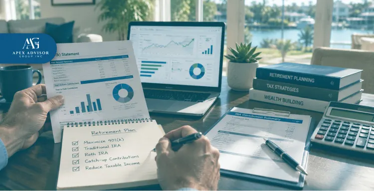 Retirement Tax Planning and Wealth Strategy Services Financial advisor reviewing retirement planning, tax strategies, and investment contribution reports