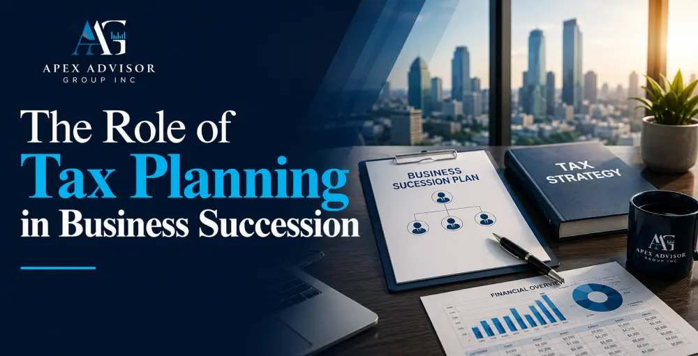 The Role of Tax Planning in Business Succession Guide Business succession planning documents, tax strategy guide, and financial reports on an executive office desk.
