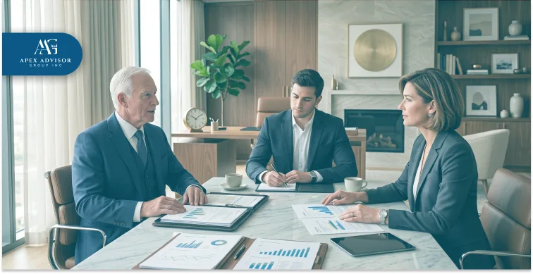 Tax Benefits of Early Business Succession Planning Consultation Financial advisor consulting clients on tax benefits of early business succession planning and wealth transfer strategy