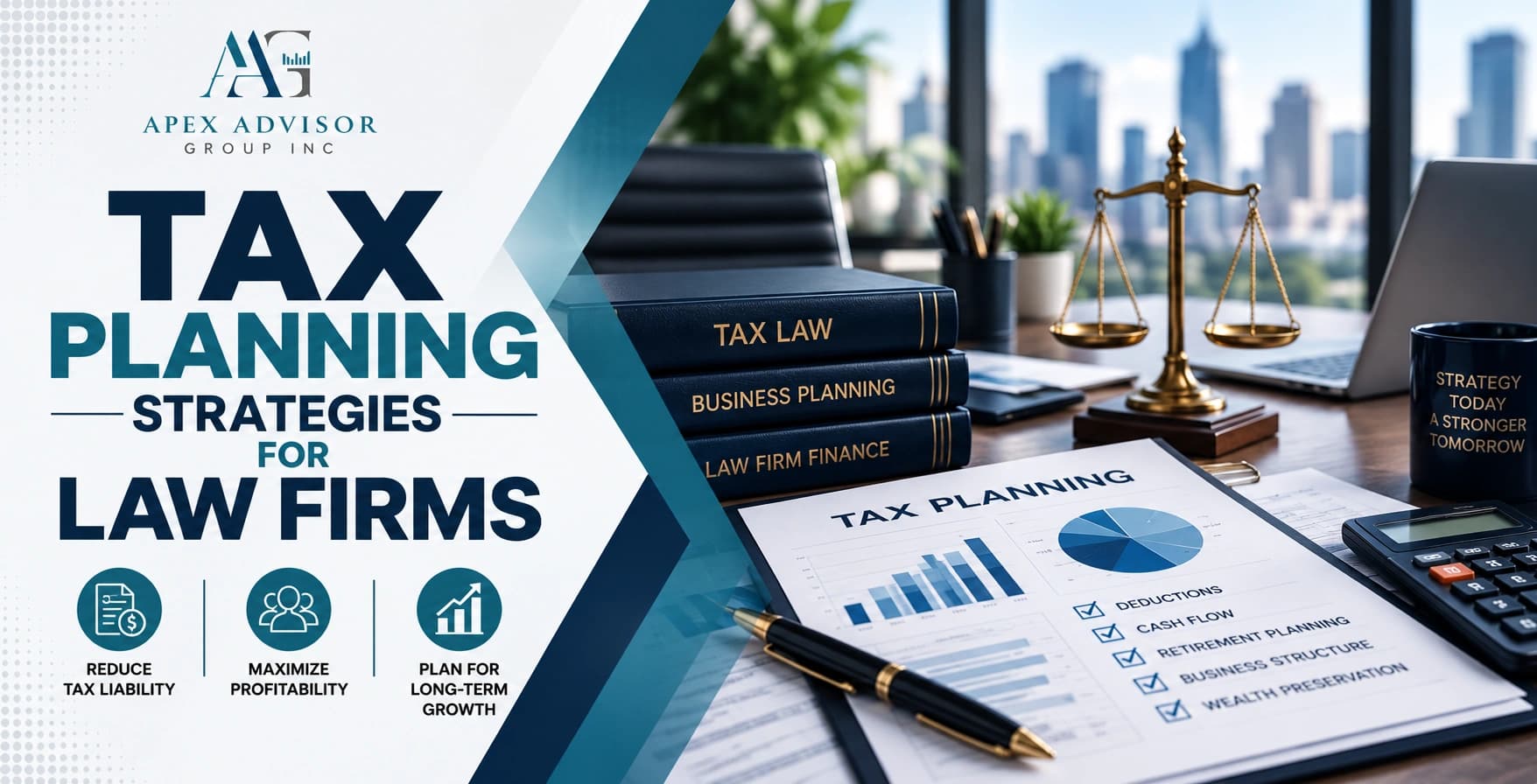 Tax law books, a scale of justice, and a tax planning report on an attorney desk overlooking city buildings.