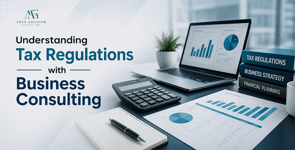Understanding Tax Regulations with Business Consulting Business consulting workspace showing tax regulation analysis, financial charts, calculator, and strategic planning reports.