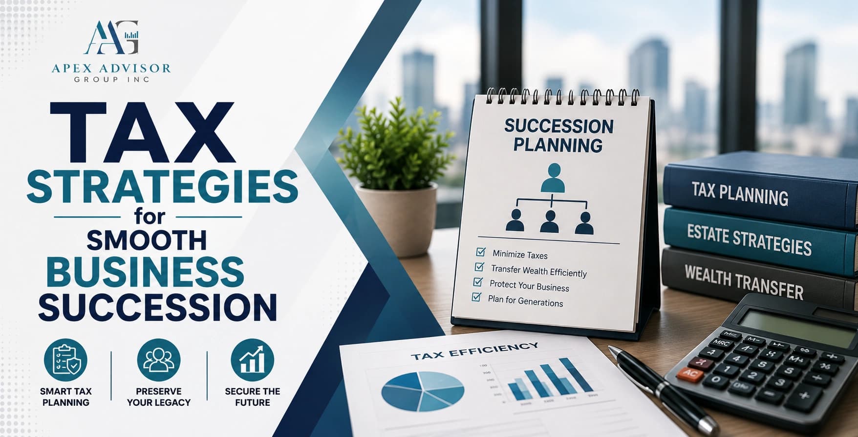 Tax Strategies for Smooth Business Succession Planning Succession planning calendar checklist on office desk with tax efficiency charts, books, and calculator
