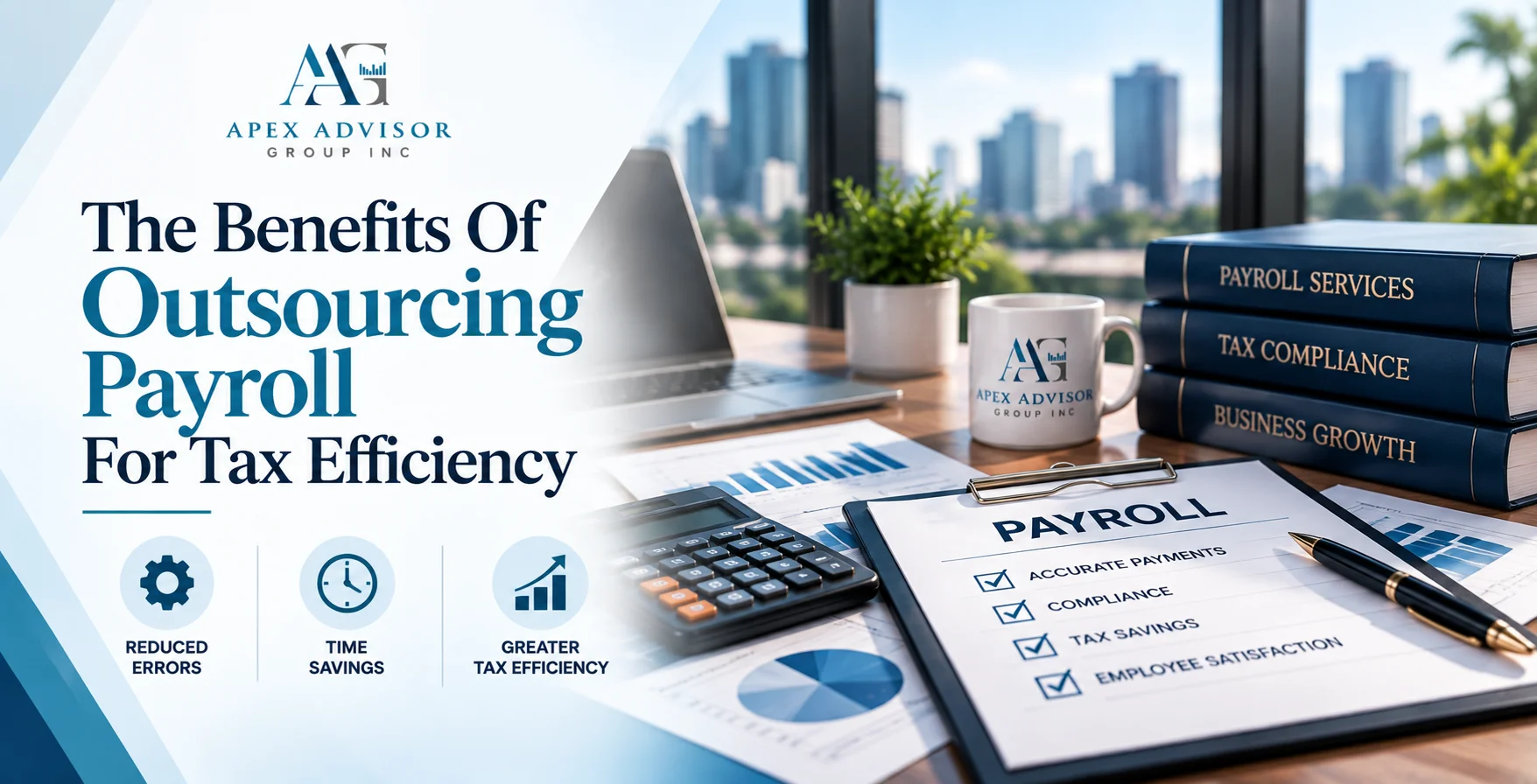 The Benefits Of Outsourcing Payroll For Tax Efficiency Payroll checklist, calculator, and books on payroll services, tax compliance, and business growth from Apex Advisor Group Inc.
